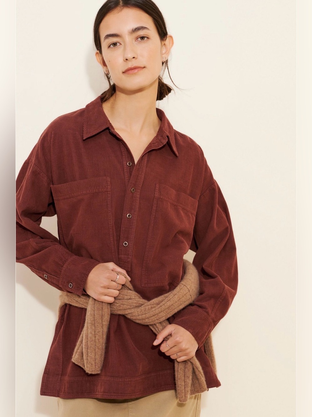Pilcro Anthropologie Corduroy Button-Up Shirt in Rust brown oversized